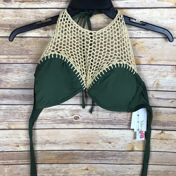 ✨ Bikini Lab Crochet High Neck Halter Green Top - Picture 3 of 3